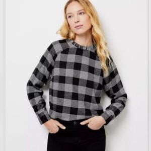 Ann Taylor LOFT women’s black white gingham plaid long sleeve blouse size XS
